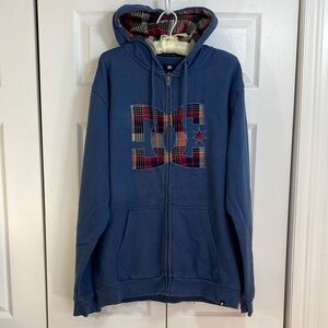 Men’s DC Hoodie with Checkered Plaid Hood (Lining and Logo) in Blue, Large